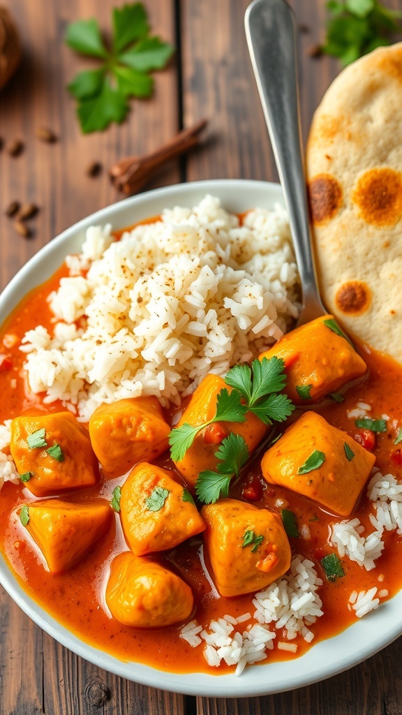 A plate of butter chicken with rice and naan, garnished with cilantro, on a rustic table.